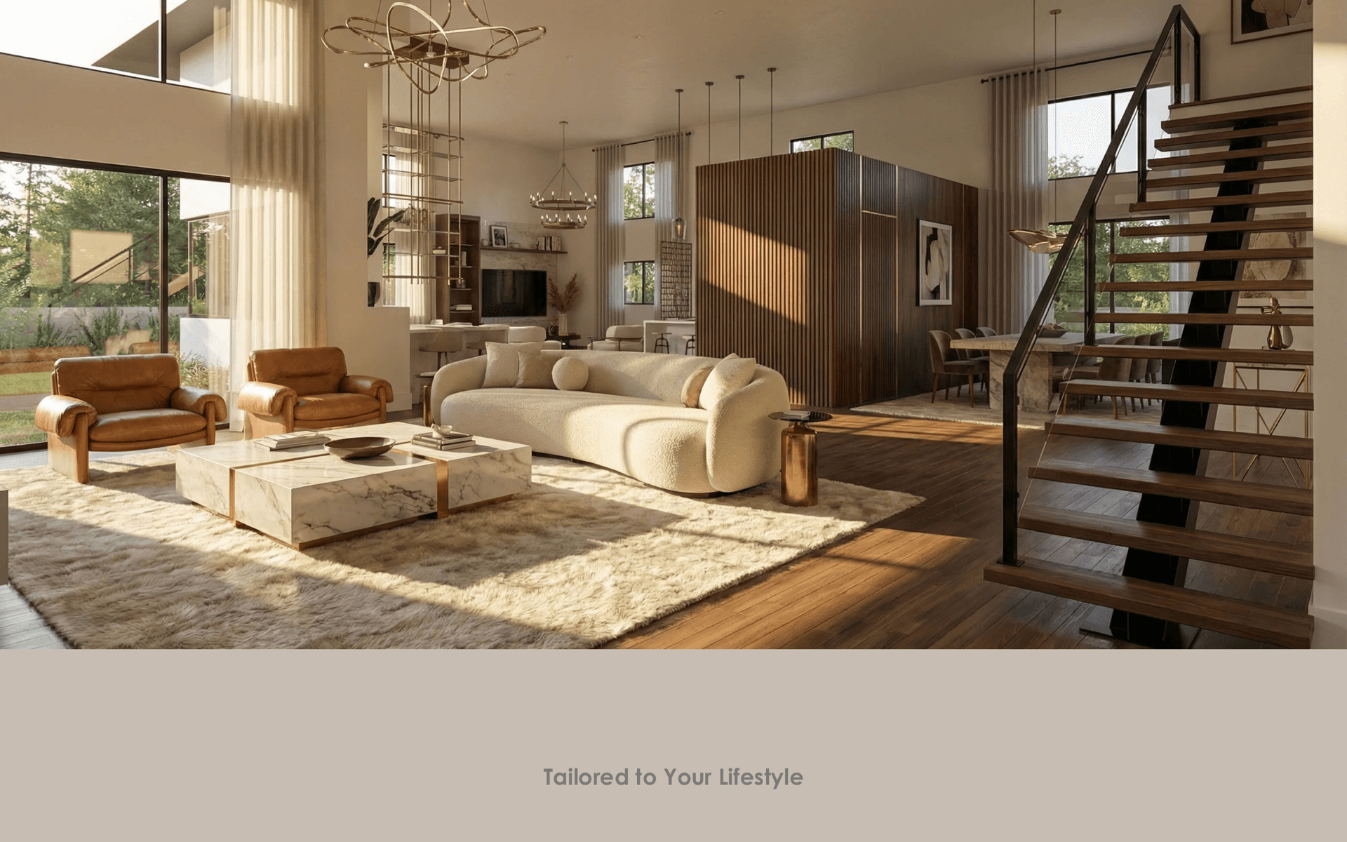 Residential interior, luxury living room with staircase